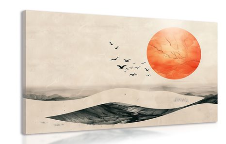 WANDBILD JAPANDI LANDSCHAFT MIT ORANGEFARBENEM MOND - JAPANDI WANDBILDER - BILDER