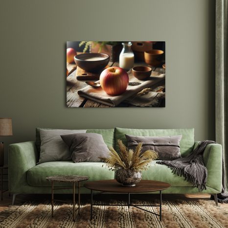 WANDBILD APFEL AUF HOLZTISCH - BILDER VON ESSEN UND GETRÄNKEN - BILDER