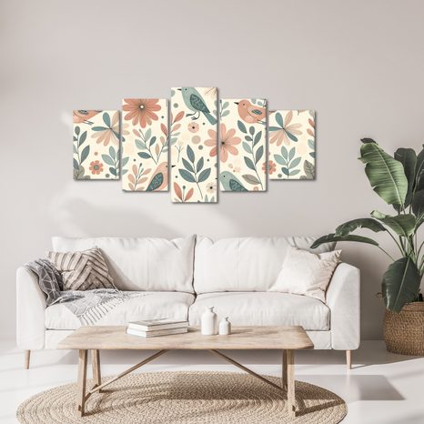 5-TEILIGES WANDBILD VÖGEL ZWISCHEN BLUMEN - BILDER BLUMEN - BILDER