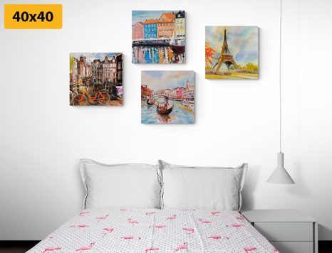 SET OBRAZŮ MALOVANÉ MĚSTA V PASTELOVÝCH BARVÁCH - SESTAVY OBRAZŮ - OBRAZY
