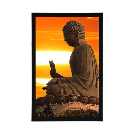POSTER MIT PASSEPARTOUT BUDDHA-STATUE BEI SONNENUNTERGANG - FENG SHUI - POSTER