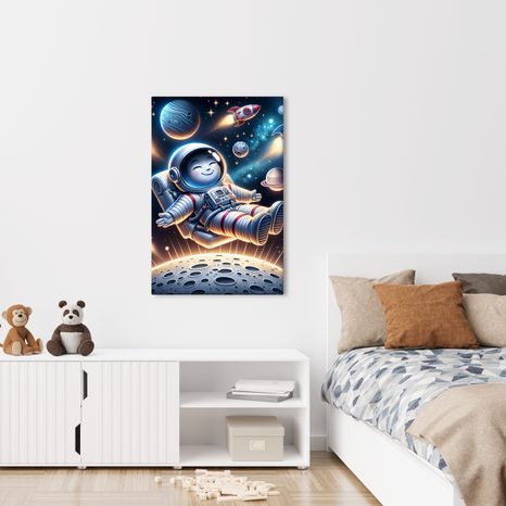 WANDBILD GLÜCKLICHER KOSMONAUT IM ALL - KINDERBILDER WELTRAUM - BILDER