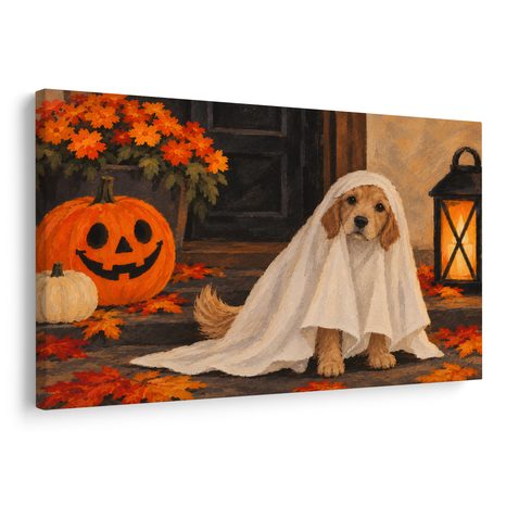 QUADRO SU TELA – CAGNOLINO FANTASMA CON ZUCCA - QUADRI HALLOWEEN E HORROR - STAMPE E QUADRI
