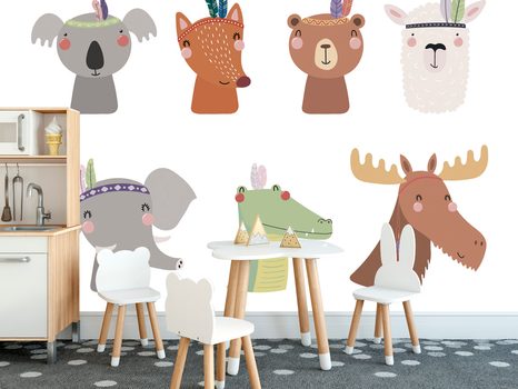 CARTA DA PARATI – PIENA DI ANIMALI CON PIUME INDIANE - CARTA DA PARATI BAMBINI - CARTA DA PARATI