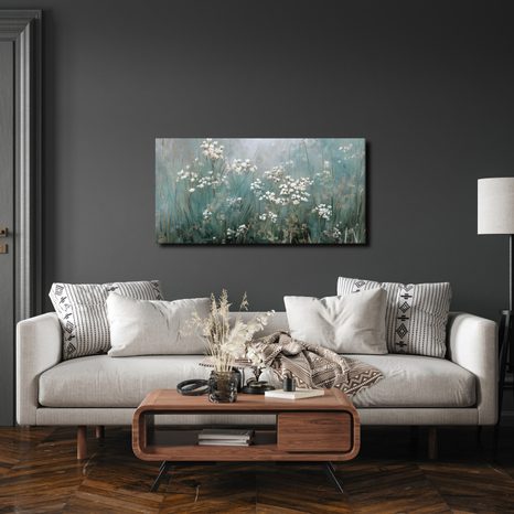 WANDBILD BLÜHENDE WIESE IM DUNST - BILDER BLUMEN - BILDER