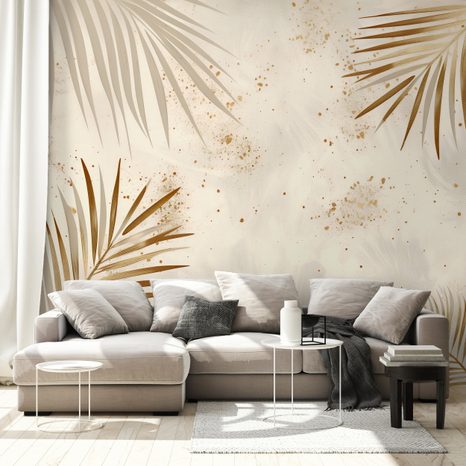 ZELFKLEVEND FOTOBEHANG GOUDEN PALMBLADEREN OP BEIGE - FOTOBEHANG BLADEREN - FOTOBEHANG