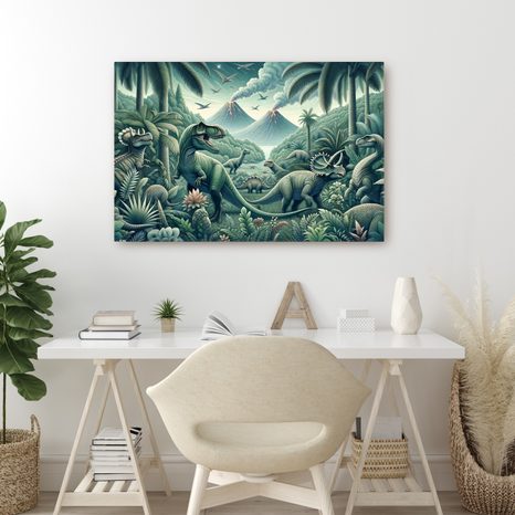 OBRAZ DINOSAUŘI V PRALESNÍ KRAJINĚ SE SOPKAMI - DĚTSKÉ OBRAZY ZVÍŘÁTKA - OBRAZY