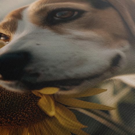 WANDBILD HUND UND SONNENBLUMEN IM FELD - BILDER VON HUNDEN - BILDER