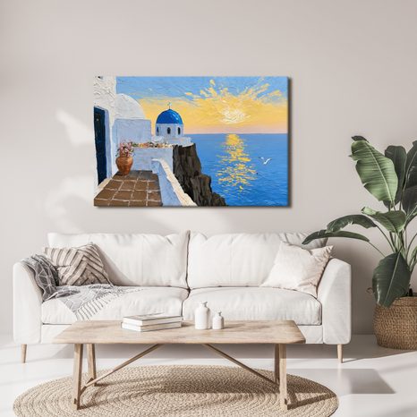 TABLEAU SUR TOILE – ÉGLISE GRECQUE AU-DESSUS DE LA MER - TABLEAUX LEVER ET COUCHER DE SOLEIL - TABLEAUX