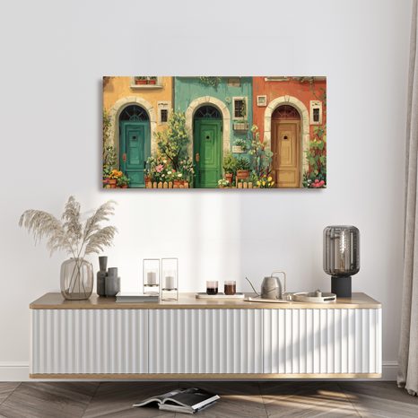 OBRAZ ROMANTICKÉ DVEŘE A KVĚTINY - BAREVNÉ DOMY - OBRAZY