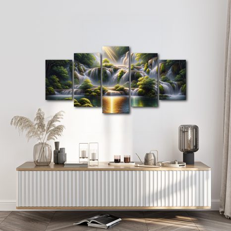 5-DÍLNÝ OBRAZ TŘPYTÍCÍ SE VODOPÁDY - OBRAZY VODOPÁD - OBRAZY