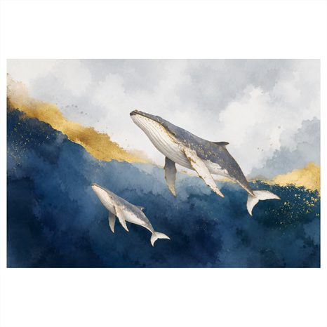 TABLEAU SUR TOILE – BALEINES DANS DES VAGUES DORÉES - TABLEAUX DE BALEINE - TABLEAUX