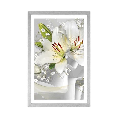 PLAKAT S PASPARTUOM BIJELI LJILJAN NA ZANIMLJIVOJ POZADINI - CVIJEĆE - PLAKATI
