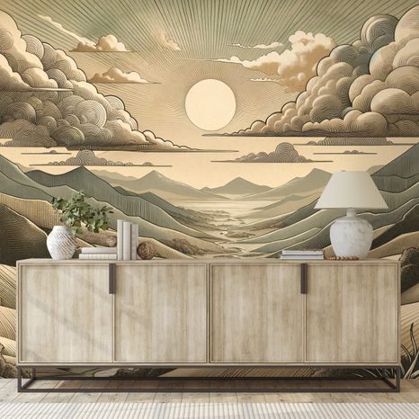 SAMOLEPÍCÍ TAPETA VINTAGE KRAJINA S HORAMI A SLUNCEM - TAPETY HORY - TAPETY