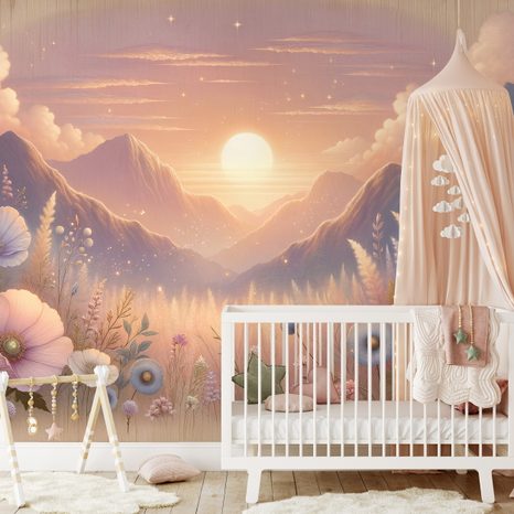 SAMOLEPÍCÍ TAPETA PASTELOVÁ KRAJINA S KVĚTINAMI PŘI ZÁPADU SLUNCE - TAPETY VÝCHOD A ZÁPAD SLUNCE - TAPETY