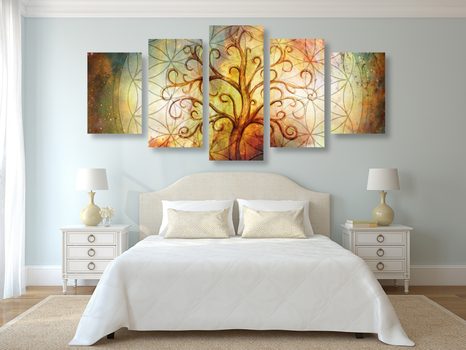 TABLEAU EN 5 PARTIES – ARBRE AVEC FLEUR DE VIE - TABLEAUX ARBRES DE VIE - TABLEAUX