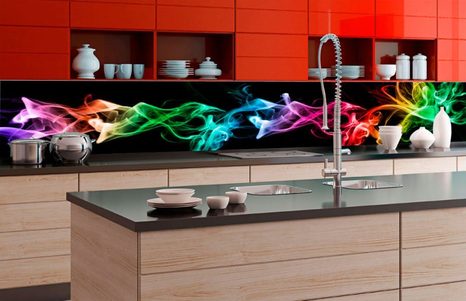 SELF ADHESIVE PHOTO WALLPAPER FOR KITCHEN COLOURED SMOKE ON A BLACK BACKGROUND