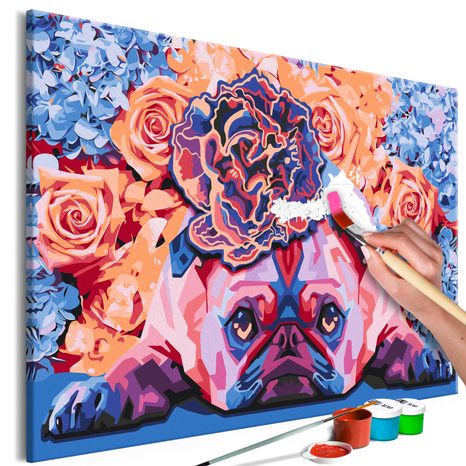 PICTURE PAINTING BY NUMBERS PUG WITH FLOWERS