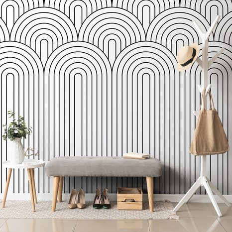 TAPETE SCHWARZ-WEISSES REGENBOGEN-MUSTER MID-CENTURY - GEMUSTERTE TAPETEN - TAPETEN