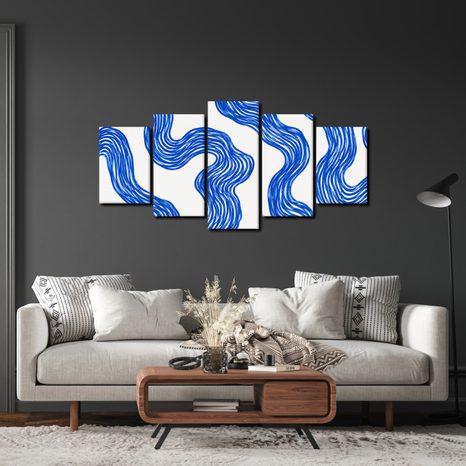 TABLEAU EN 5 PARTIES – LIGNES ONDULÉES BLEUES - IMAGES FORMES ABSTRAITES - TABLEAUX