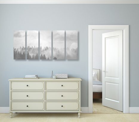 TABLOU 5-PIESE CEAȚĂ DEASUPRA PĂDURII ÎN DESIGN ALB-NEGRU - TABLOURI ALB-NEGRU - TABLOURI
