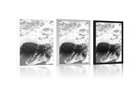 PLAKÁT ANANAS VE VLNĚ OCEÁNU V ČERNOBÍLÉM PROVEDENÍ - ČERNOBÍLÉ - PLAKÁTY