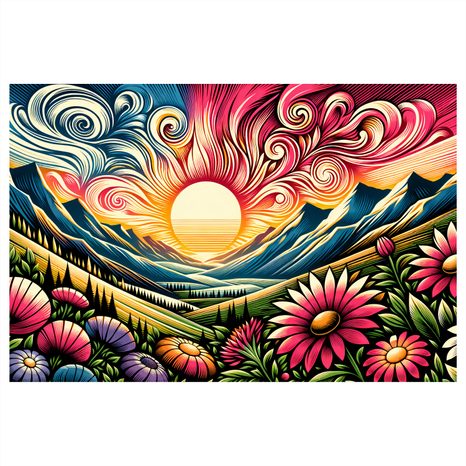 WANDBILD STRAHLENDE LANDSCHAFT MIT BLUMEN UND SONNE - WANDBILDER FELDER UND WIESEN - BILDER