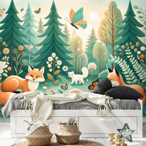 SAMOLEPÍCÍ TAPETA LESNÍ ZVÍŘÁTKA V PASTELOVÝCH BARVÁCH - DĚTSKÉ TAPETY - TAPETY