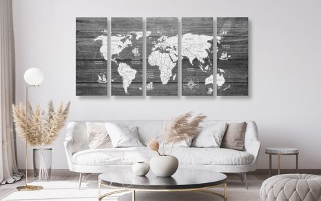 5-TEILIGES WANDBILD SCHWARZ-WEISSE WELTKARTE AUF HOLZ - WELTKARTEN ALS BILDER - BILDER