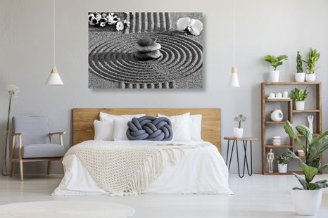 OBRAZ JAPONSKÁ ZAHRADA S FENG SHUI PRVKY V ČERNOBÍLÉM PROVEDENÍ - ČERNOBÍLÉ OBRAZY - OBRAZY