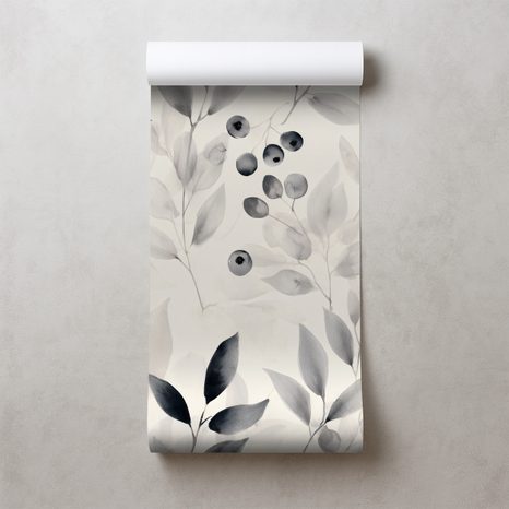 TAPÉTA FEKETE-FEHÉR AKVARELL LEVELEK ÉS BOGYÓK - LEVELES TAPÉTÁK - TAPÉTÁK