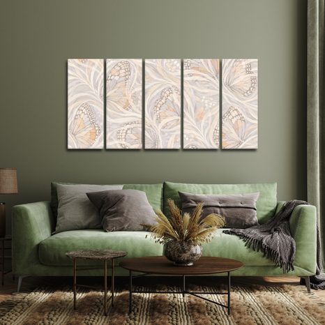 TABLEAU EN 5 PARTIES – DÉLICATS PAPILLONS DANS UNE TOILE D’ARAIGNÉE - TABLEAUX PAPILLONS - TABLEAUX