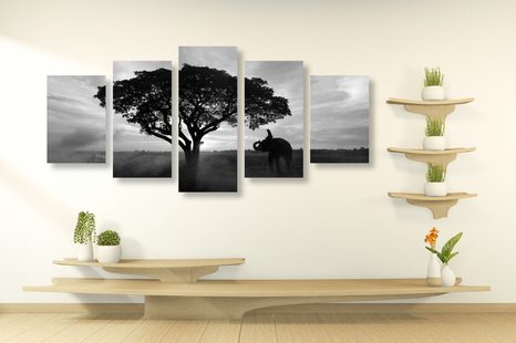 5-DÍLNÝ OBRAZ SLON PŘI VÝCHODU SLUNCE V ČERNOBÍLÉM PROVEDENÍ - ČERNOBÍLÉ OBRAZY - OBRAZY