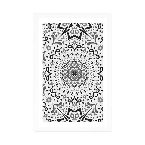 POSTER MIT PASSEPARTOUT EINZIGARTIGES ETHNISCHES MUSTER IN SCHWARZ-WEISS - SCHWARZ-WEISS - POSTER