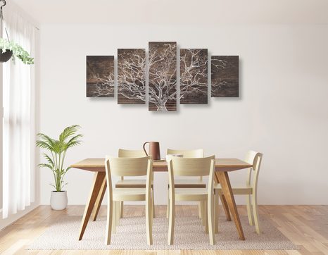 5-TEILIGES WANDBILD BAUMKRONE AUF HÖLZERNEM HINTERGRUND - BILDER BÄUME DES LEBENS - BILDER