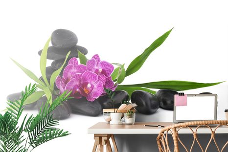 SAMOLEPÍCÍ TAPETA FIALOVÁ ORCHIDEJ V ZEN ZÁTIŠÍ - SAMOLEPÍCÍ TAPETY - TAPETY