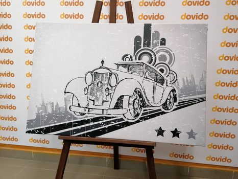 WANDBILD SCHWARZ-WEISSES AUTO MIT VINTAGE-HINTERGRUND - SCHWARZ-WEISSE BILDER - BILDER