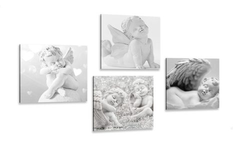 CANVAS PRINT SET HARMONY OF ANGELS IN BLACK AND WHITE - SET OF PICTURES - PICTURES