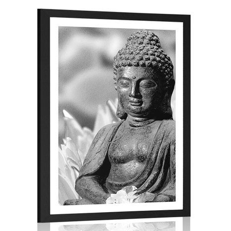 POSTER WITH MOUNT PEACEFUL BUDDHA IN BLACK AND WHITE - BLACK AND WHITE - POSTERS