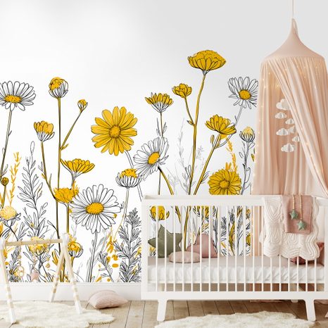SELBSTKLEBENDE FOTOTAPETE GELBE WIESENBLUMEN AUF WEISS - TAPETEN MIT BLUMENMOTIVEN - TAPETEN