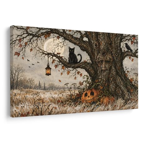 WANDBILD LEBENSBAUM MIT SCHWARZER KATZE - HALLOWEEN- UND HORROR-BILDER - BILDER