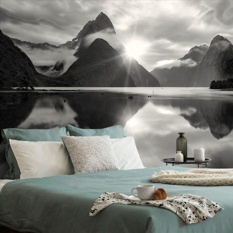 WALL MURAL BLACK AND WHITE SUNRISE IN NEW ZEALAND - BLACK AND WHITE WALLPAPERS - WALLPAPERS