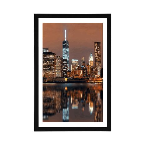 POSTER MIT PASSEPARTOUT SPIEGELUNG VON MANHATTAN IM WASSER - STÄDTE - POSTER