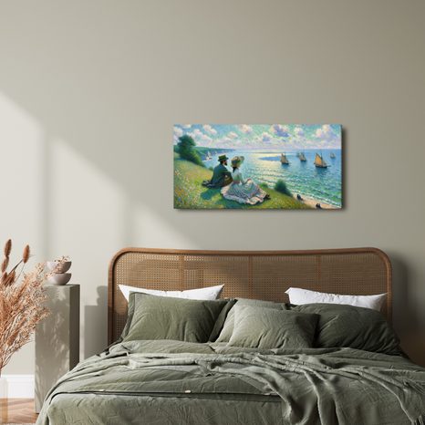 QUADRO SU TELA – COPPIA CHE OSSERVA LA BARCA A VELA - QUADRI MARE E SPIAGGIA - STAMPE E QUADRI