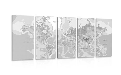 5-PIECE CANVAS PRINT CLASSIC WORLD MAP IN BLACK AND WHITE - PICTURES OF MAPS - PICTURES