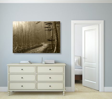 WANDBILD WEG IN DEN WALD IN SEPIA - BILDER VON NATUR UND LANDSCHAFT - BILDER