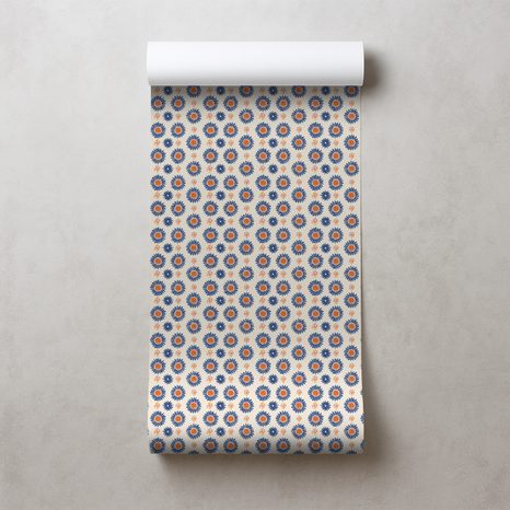 TAPETA ORANŽOVO-MODRÉ KVĚTINOVÉ KRUHY - VZOROVANÉ TAPETY - TAPETY