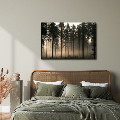 TABLEAU SUR TOILE – FORÊT DE PINS BRUMEUSE À L’AUBE - TABLEAUX FORÊT - TABLEAUX