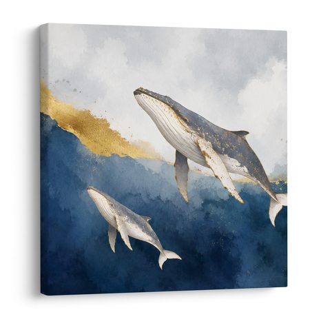 TABLEAU SUR TOILE – COUPLE DE BALEINES DANS L’OCÉAN BLEU - TABLEAUX DE BALEINE - TABLEAUX