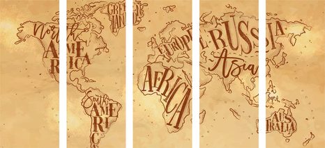 5-DÍLNÝ OBRAZ MODERNÍ MAPA SVĚTA NA VINTAGE PODKLADĚ - OBRAZY MAPY - OBRAZY